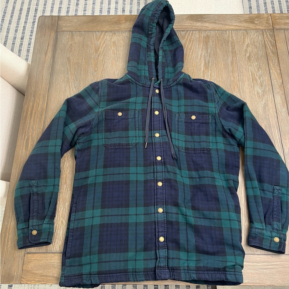 LL Bean Shirt Mens M Tartan Blue and Green Plaid Flannel Hooded Outdoor Hiking